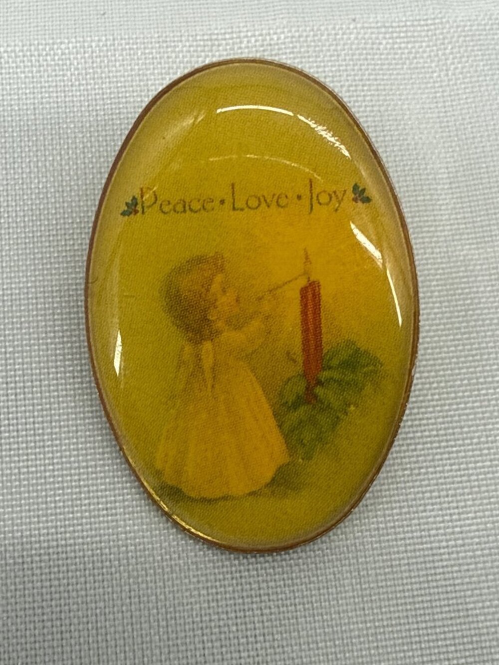 Vintage Holiday Peace Love Joy Child Oval Pin Brooch Ephemera Aesthetic